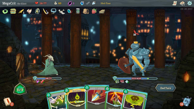 Una captura de pantalla de Slay the Spire, que muestra al personaje jugable Silent enfrentándose a un jefe caballero gigante, con varias cartas en las manos del jugador.