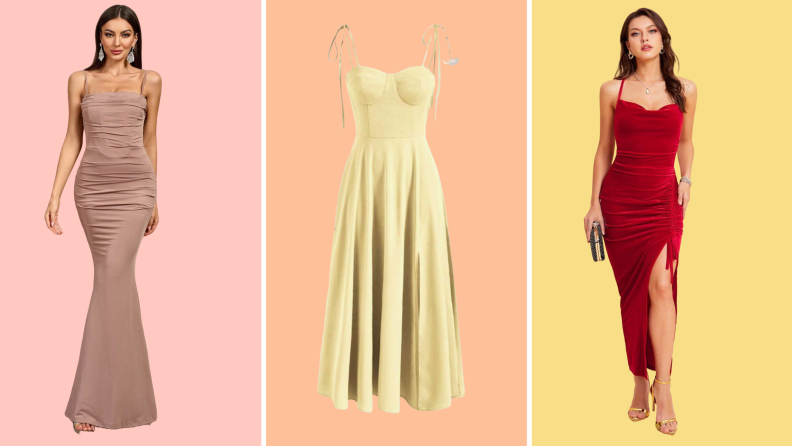 Collage of photos of three prom dresses available at Shein.