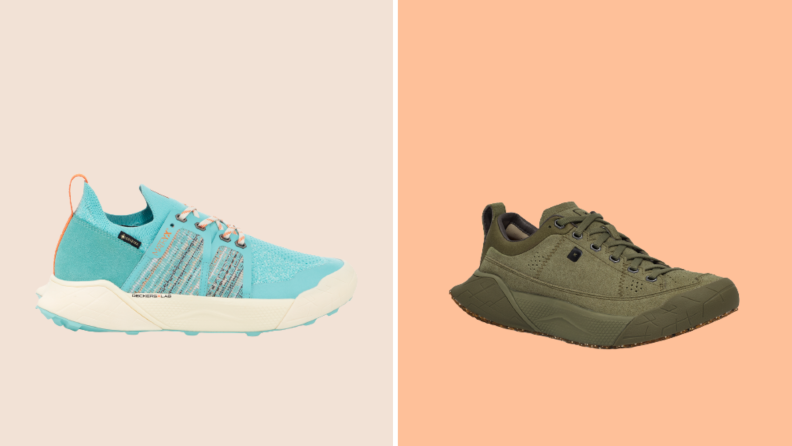 Two pairs of sneakers: On the left is a teal sneaker with a colorful knit on the side, and on the right is an olive green sneaker.