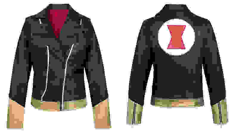 Leather jacket with Black Widow emblem.