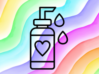 A graphic image of a bottle of lube on a wavy rainbow background