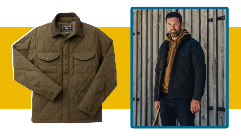 Collage of the Hyder Quilted Jac-Shirt in olive green and a photograph of a man wearing the jac-shirt with a goldenrod hoodie.