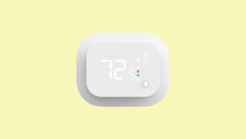 The Hubspace Smart Thermostat appears on a pale yellow background.