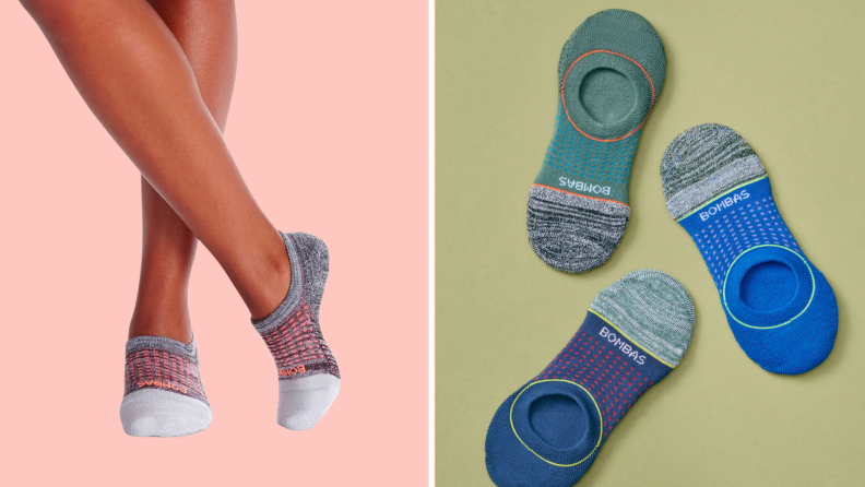 Woman wearing Bombas no-show socks next to three pairs of socks