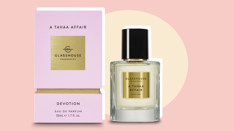 Glasshouse Fragrances A Tahaa Affair Devotion perfume against a red and white background.