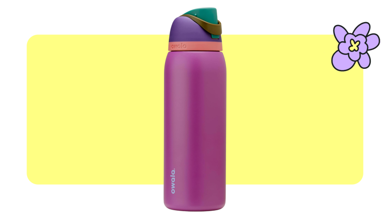 A dark purple, orange and green Owala Free Sip water bottle.