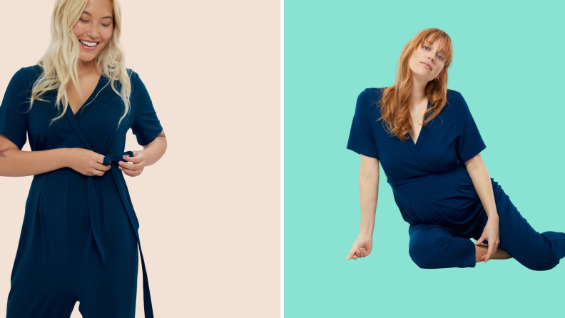 Two women wearing the Ingrid + Isabel Everywear Short Sleeve Maternity Jumpsuit in the color navy blue.