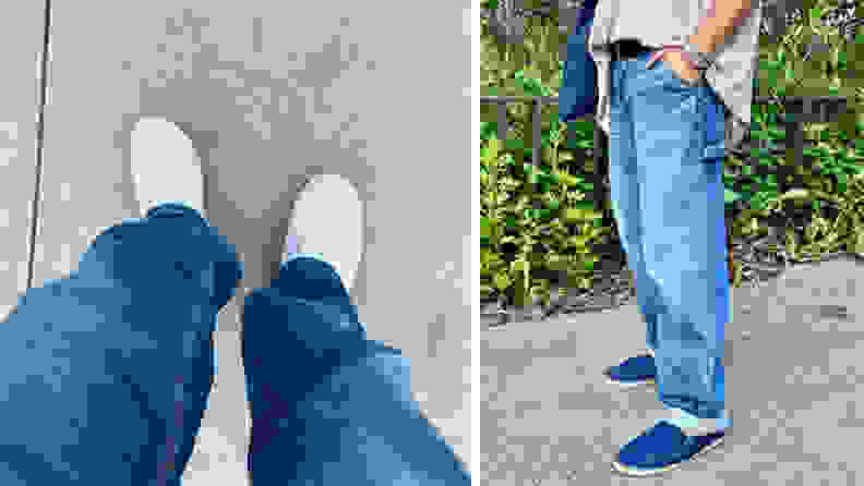 Two shots of the author in Silver Jeans Co. jeans, where the denim pools at his shoes, but he cuffs them so they fit properly.