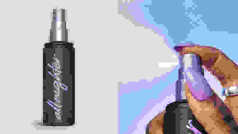 On the left: The Urban Decay Cosmetics All Nighter Setting Spray bottle standing on a light purple background. On the right: A closeup of a person's hand while spraying the Urban Decay Cosmetics All Nighter Setting Spray.