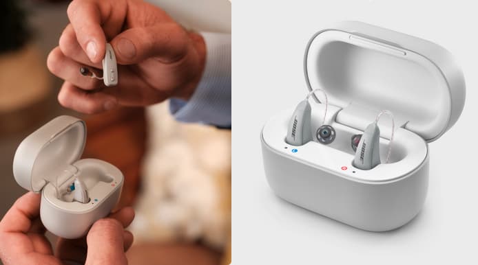 A split image with hands removing hearing aid from case on the left and hearing aids charging in case on right