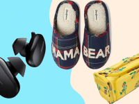An image of Bose headphones, Mama Bear slippers, and a packing tote on a blue and tan background.