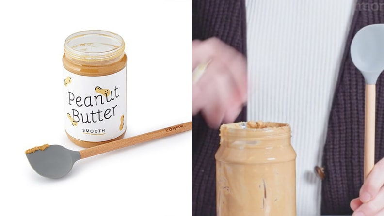 A person takes a scoop of peanut butter with a spoon.