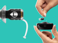 A single left Eargo SE hearing aid next to person holding since Eargo SE hearing aid above its charging case.