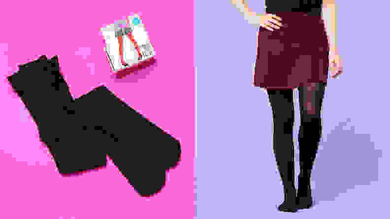 Collage of the Hue Super Opaque tights against a fuchsia background and a woman wearing them on the right.