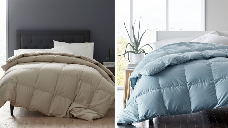 Two images of beds with comforters