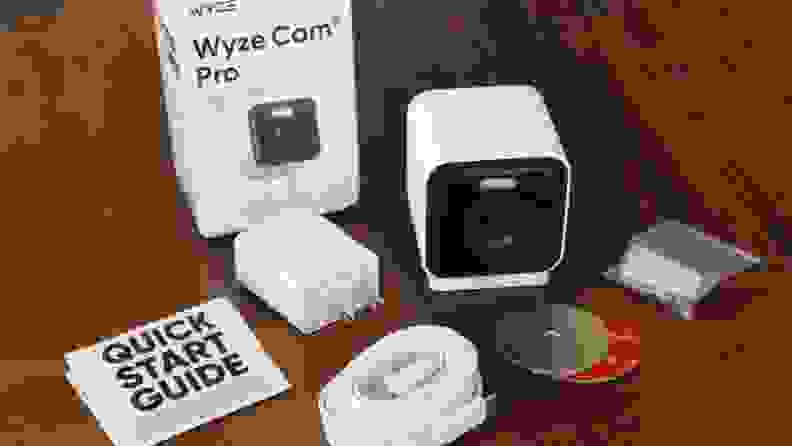 The Wyze Cam V3 Pro and all of its contents outside its retail box.