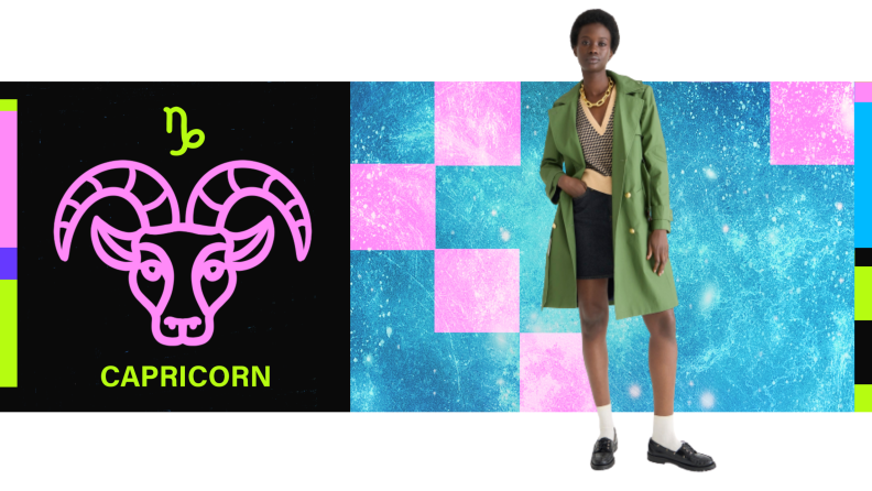 On the left is the symbol for Capricorn, and on the right is a model wearing a green trench coat.