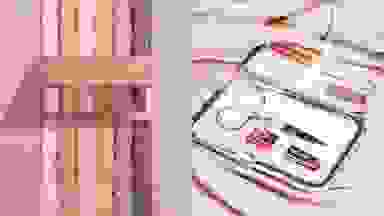 左图:由六块眼影色块组成的彩虹色“城市衰败裸色”。在右边:玫瑰金钉工具被绑在旅行箱里。