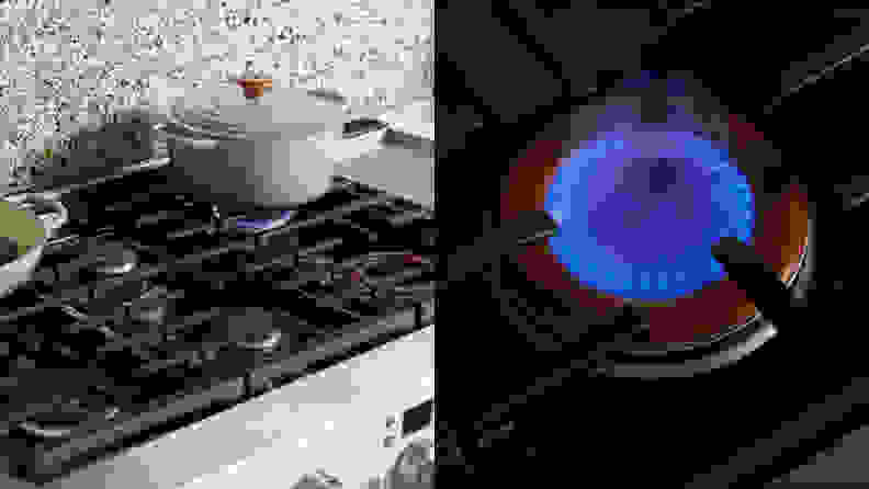 A split image of the rangetop of the GE Cafe C2Y486P3TD1 and a close-up of a burner lit with blue flame.