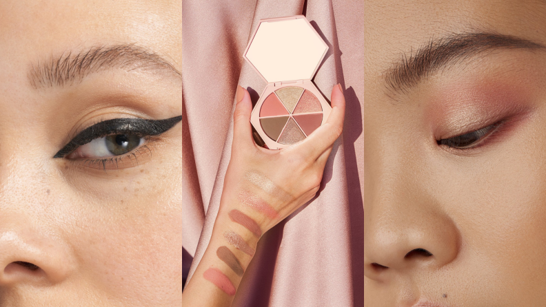 Close-ups of Em Cosmetics' illustrative eyeliner and  eye shadow pallet.