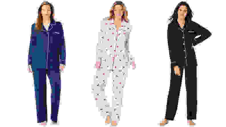 three women wearing button down PJs