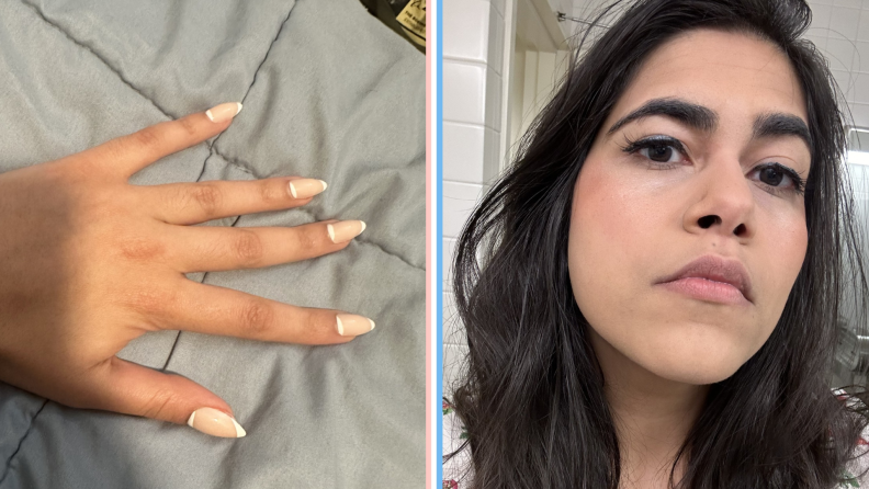 A hand with Glamnetic nails and a woman wearing Glamnetic eyelashes.