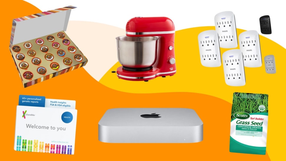 A stand mixer, K-Cups, Apple TV, DNA test, lawn care item, and outlet plugs against a colorful background.