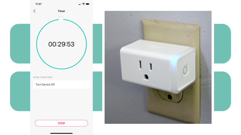 A picture of the Kasa app next to a Kasa Smart Wi-Fi Plug, plugged into a wall, with a green and white background.