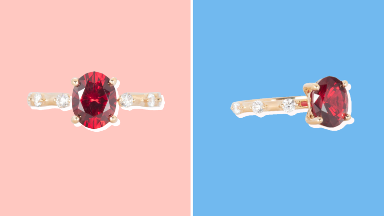 Collage of an engagement ring from Stag and Finch shown from two different angles.