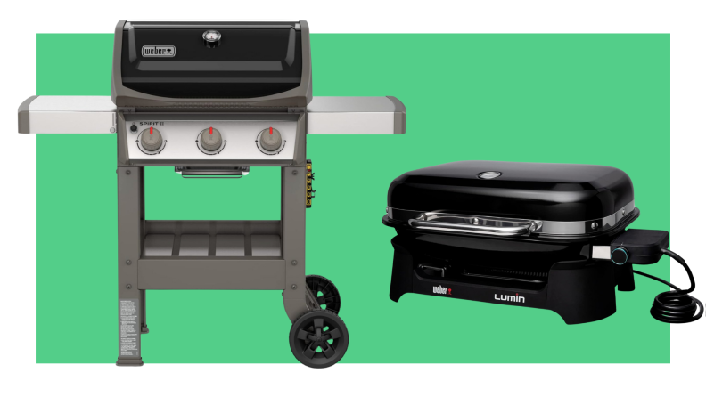 Two black grills side-by-side on a green background.