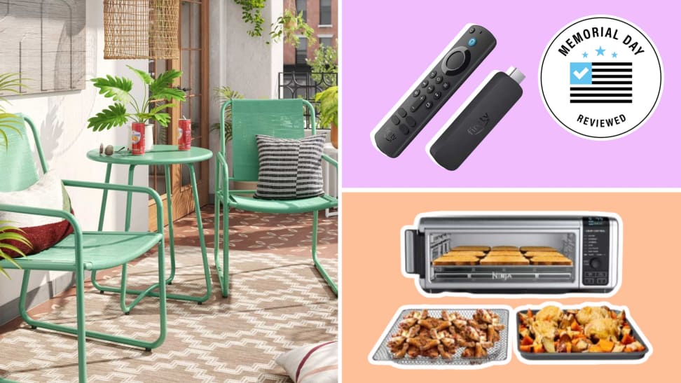 A photo of a green patio furniture set next to pictures of Amazon streaming stick and a Ninja air fryer on purple and orange backgrounds