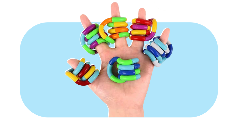 Hand with Multi-Colored Quiet Fidget on each finger.