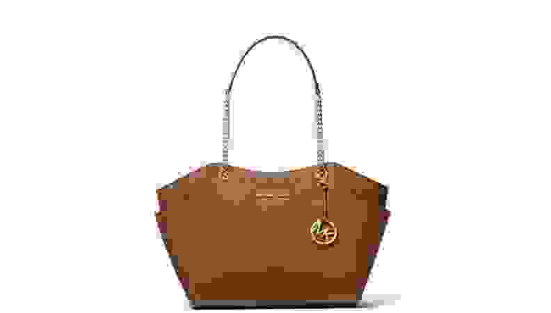 Brown leather bag with gold straps