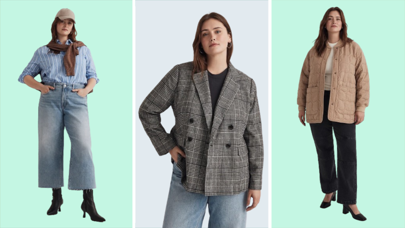 Collage of three plus-size options: Cropped jeans with a raw hem, a plaid blazer, and a quilted beige jacket.