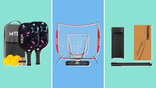 Split image of product images of the MTEN Pickleball Set on the left, the Hit Run Steal Heavy Duty Softball & Baseball Net in the middle, and the WJGG Under Desk Treadmill on the right.
