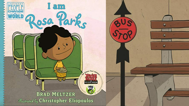 Children's book about Rosa Parks. Cartoon drawings on her sitting on bus seat and bus stop.
