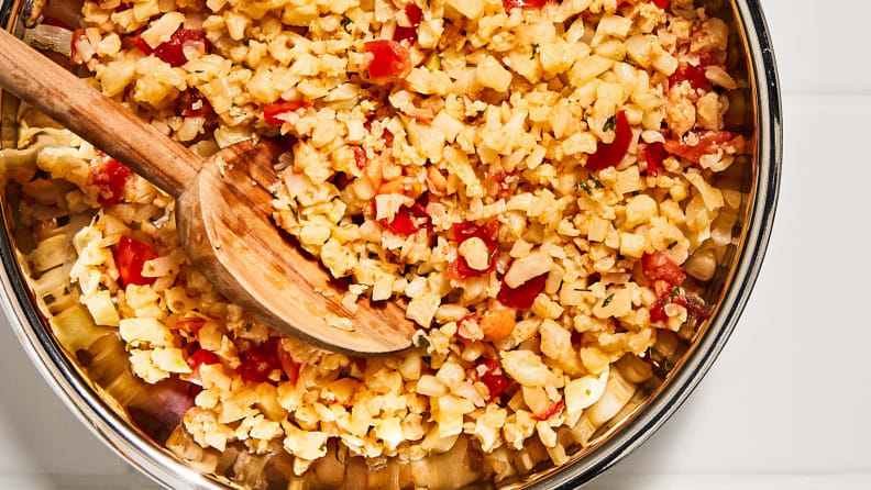 A pot filled with cauliflower rice