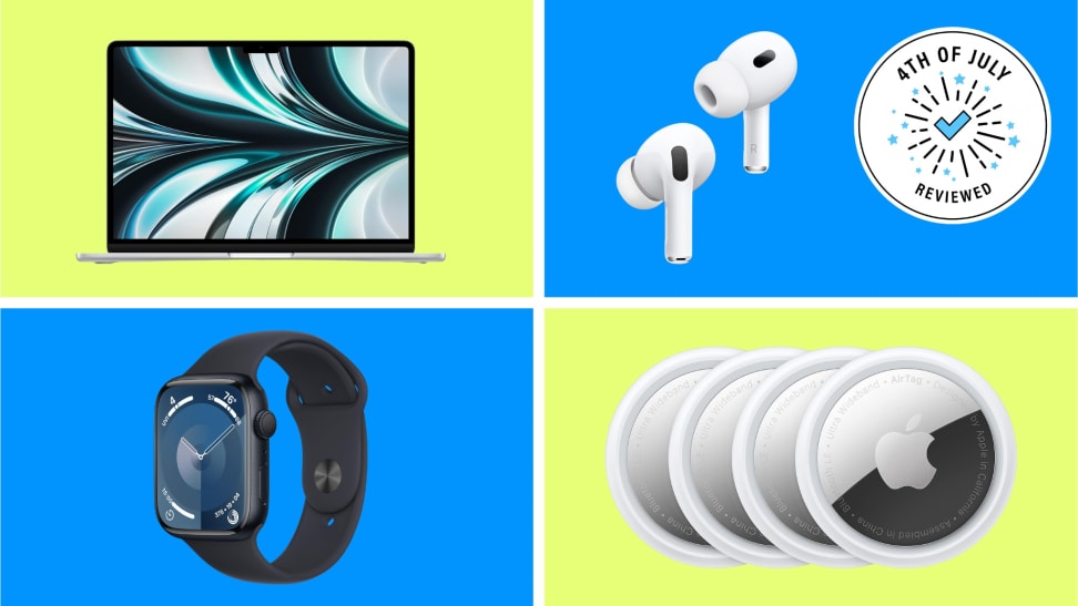 A collection of Apple products with the 4th of July Reviewed badge in front of colored backgrounds.