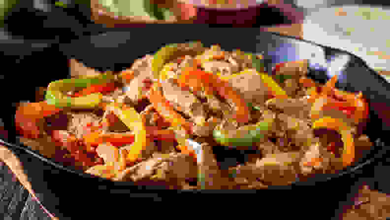 Fajita or taco filling in cast iron pan