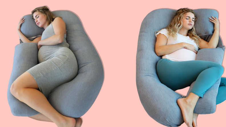 Two women relaxing using Pharmedoc Pregnancy Pillows on a pink background.