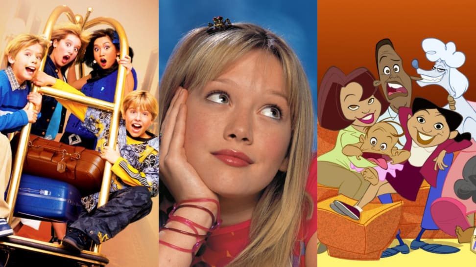 (left) Dylan and Cole Sprouse, Brenda Song, and Ashley Tisdale slide down a hotel hallway in "The Suite Life of Zack and Cody." (middle) Hilary Duff daydreams as "Lizzie McGuire." (right) The animated cast of "The Proud Family."