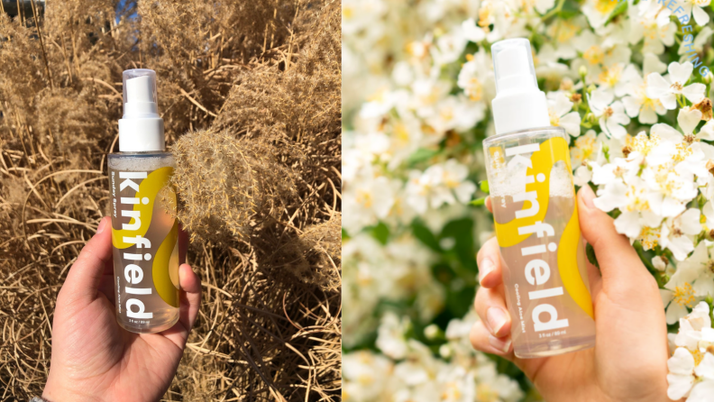 On the left: A person's hand holding the Kinfield Sunday Spray cooling mist with hay in the background. On the right: A person's hand holding the Sunday Spray with white and yellow flowers in the background.