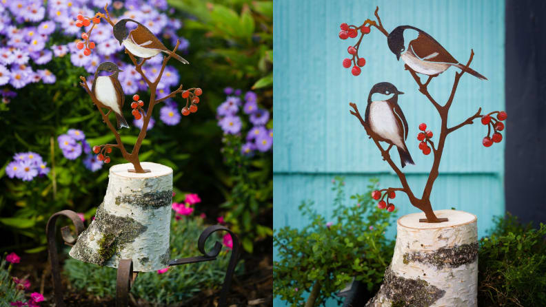 A garden decoration with birds and flowers.