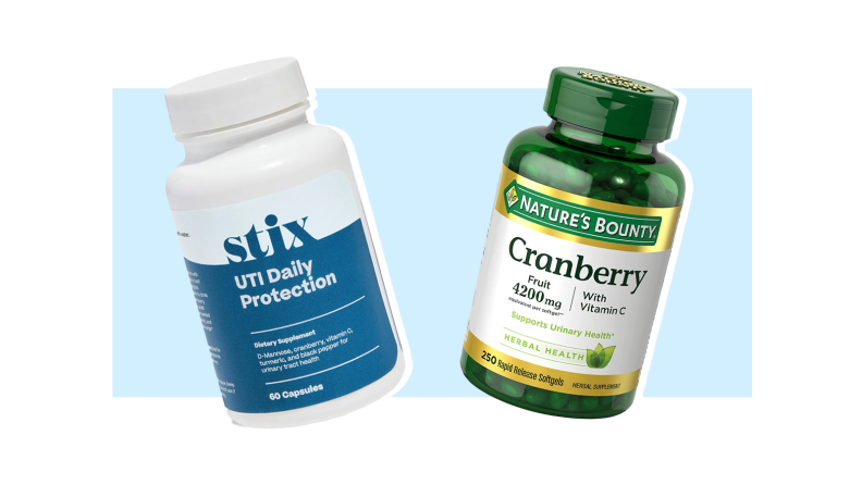 Two bottles of Stix Uti Daily Protection supplements and Nature's Bounty Cranberry pills.