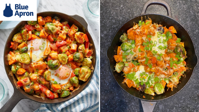 A professional and tester's side-by-side photos of cast iron egg and vegetable meal.