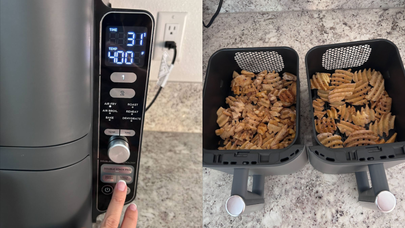 A hand adjusting the temperature on the air fryer control panel, beside two baskets full of fries.