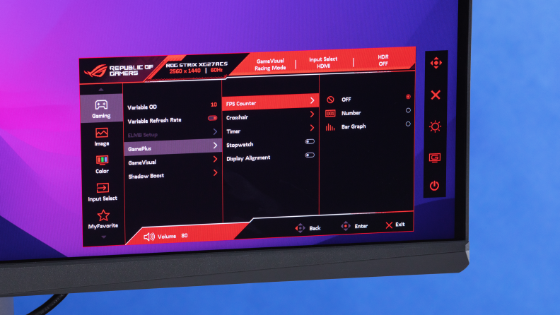 Close up of the menu screen on the Asus ROG Strix XG27ACS
