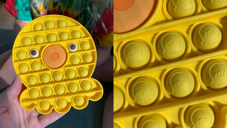 someone holds a large yellow octopus-shaped pop-it toy next to a close up of the bubble pops that have a raised octopus on each