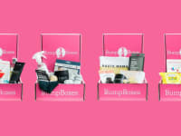Four pink Bump Boxes full of products against a pink background.