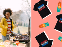 COLLAGE OF WOMAN GRILLING WITH LEVIS SHIRT AND BUG SPRAY